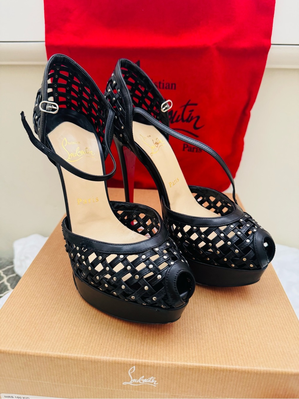 Christian Louboutin Black Woven Peep-Toe Platform Sandals